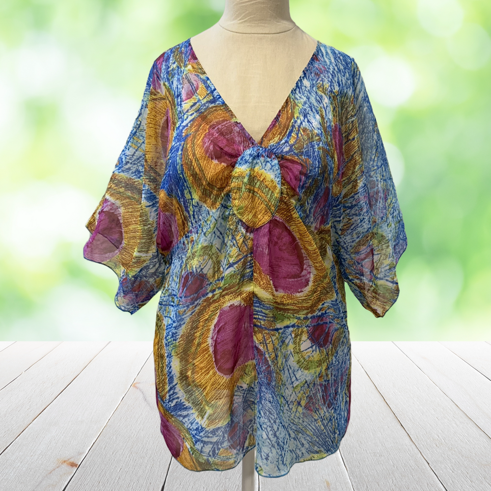 Vtg SEVENTH AVE Babydoll Tunic Top Faux Silk Sheer Chiffon Floaty Boho Y2K Sz S